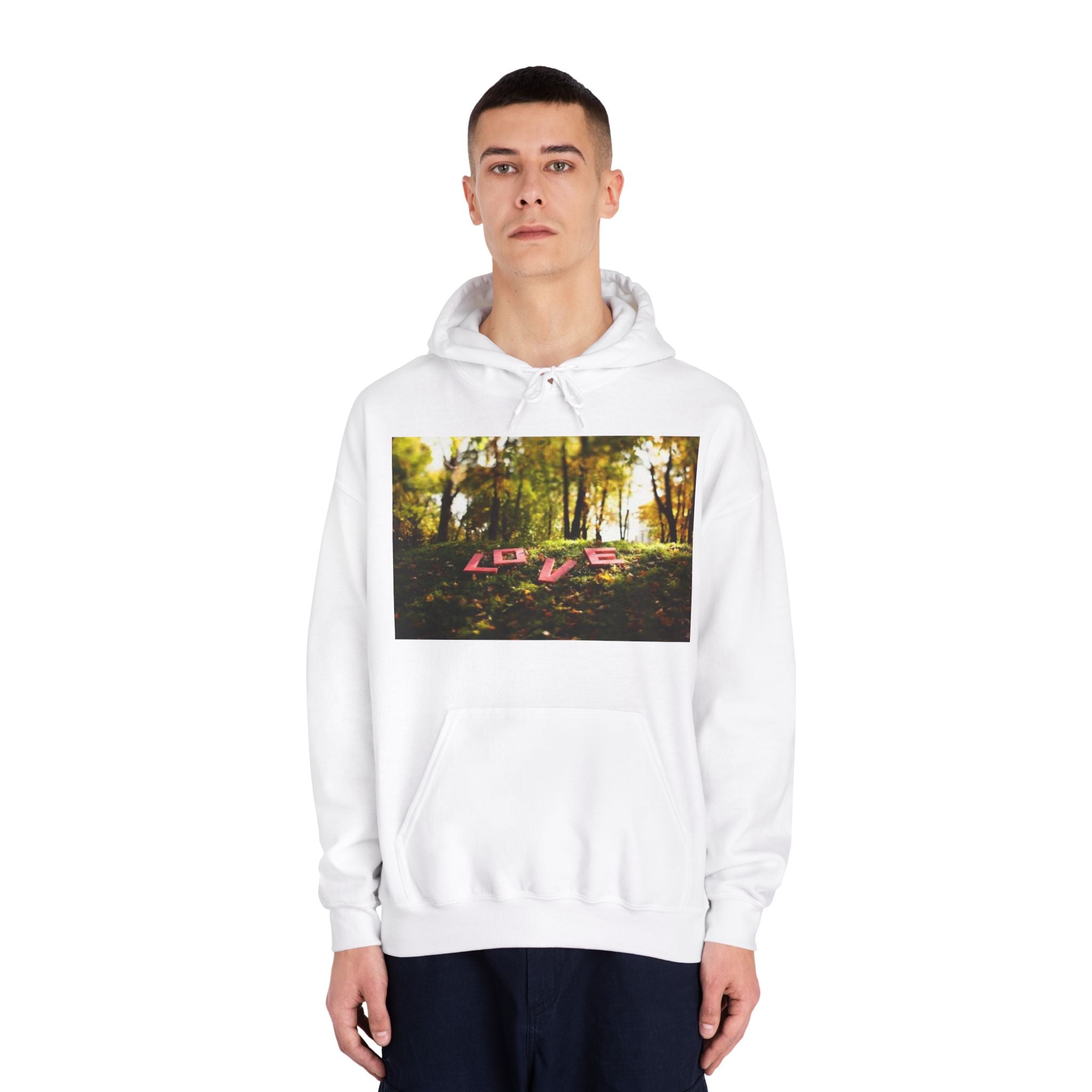 LOVE Woodland Photo Hoodie — Romantic Forest Graphic Sweatshirt