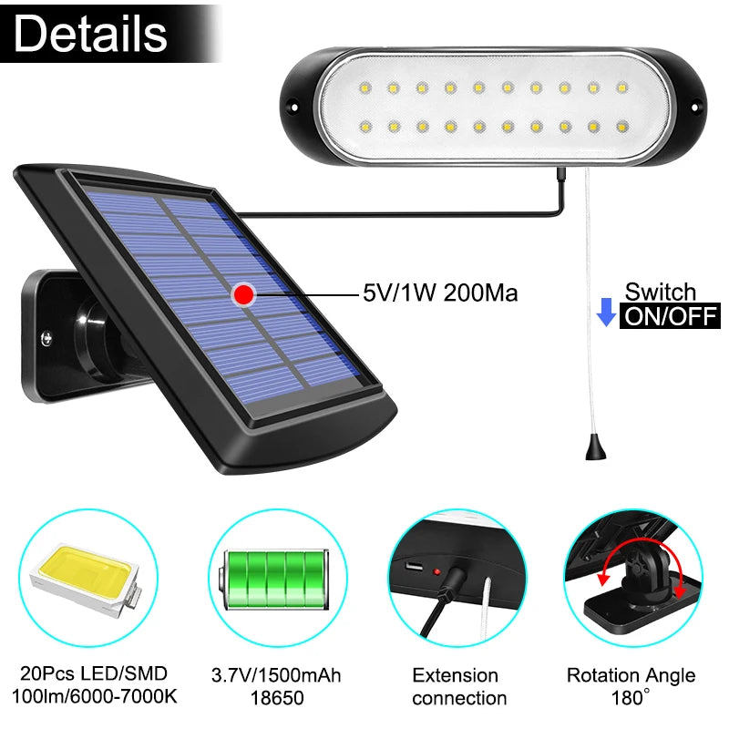 Newest 20 led Solar Lamp Separable Solar Panel and Light With Line Waterproof Pull- Switch Lighting Available Outdoor or Indoor